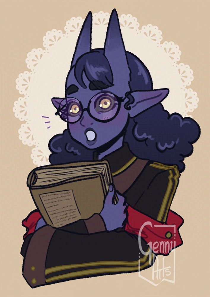A half-body image of Muunii's character Femi, holding a huge book in her hands against their chest, looking at the viewer with a surprised expression.