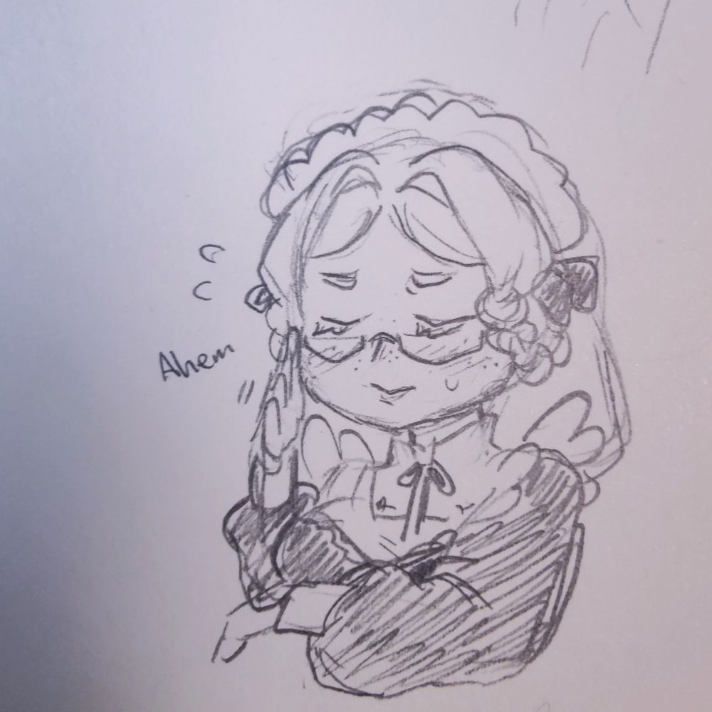 A pencil doodle of my maid OC Bernadette, fixing her glasses with her right hand, eyes closed to compose herself after getting flustered.