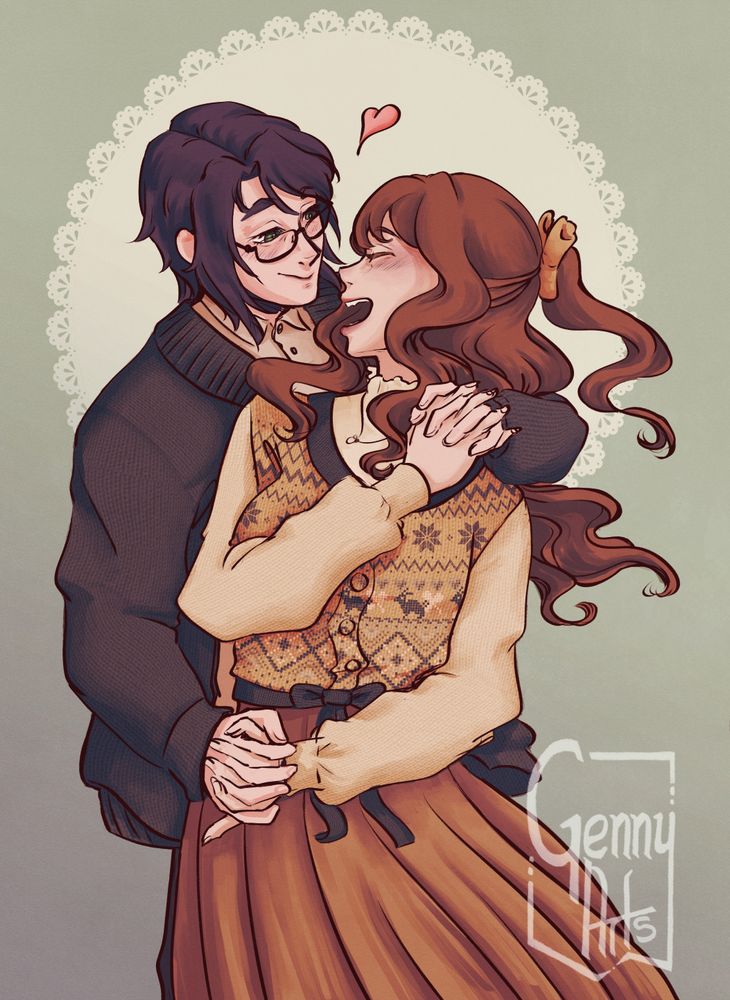 A digital art piece with my OC Daniel, and skywardalive's OC Elsie. They are standing quite frontward, Elsie in front and Daniel behind her as he is holding her hands and looking at her endearingly. Elsie is looking back at him, her eyes closed and her mouth open to a big wide smile.