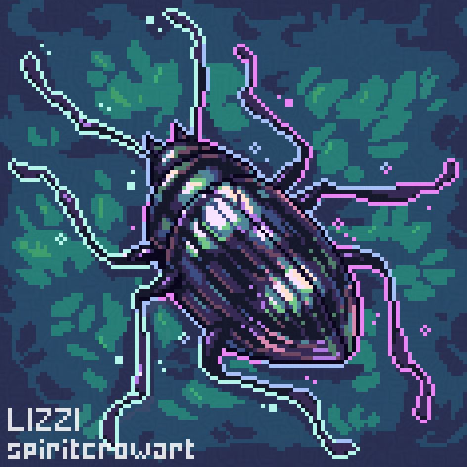 Pixel art of a beetle from the Amarygmus genus. It has a shiny iridescent shell with many hues, including green, purple, blue, and pink.