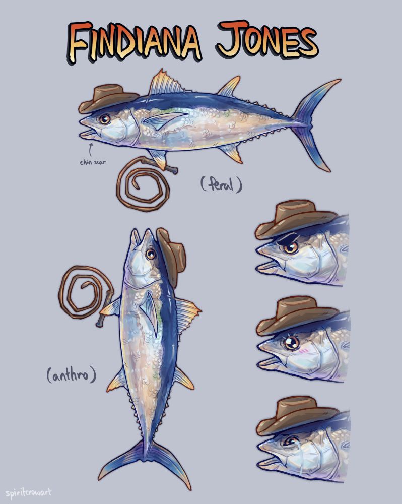 Ref sheet for Findiana Jones, the bluefin tuna. He has mostly iridescent scales, with a blue stripe on his back, and fins accented in yellow. He had a brown cowboy hat and whip, with a small chin scar.