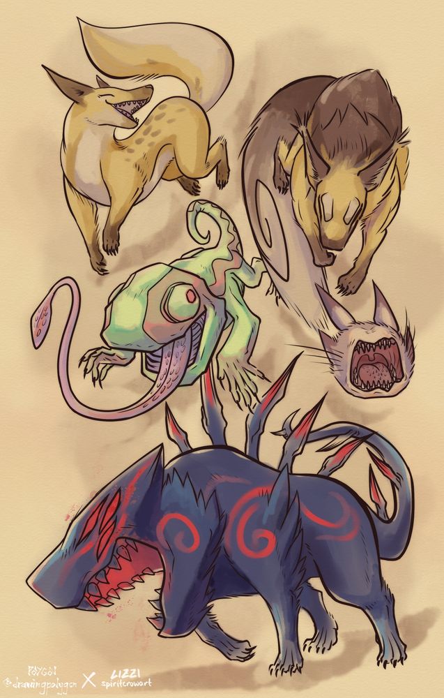 A digital drawing in the style of Japanese watercolors, reminiscent of the Okami game. It depicts several beast monsters from the game Spiral Knights, including a wolver and an alpha wolver (both wolf-like), a chromalisk (similar to a chameleon), a dust bunny (an eyeless creature that resembles a bunny head), and a Snarbolax (a large black wolf-like creature with a large head, 6 red eyes, and red spikes).