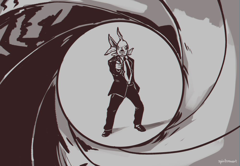 Monochrome drawing of a parody of the James Bond gunbarrel intro. It features James Pond, a man in a suit with a fish head. He points a gun at the camera with an angry expression.