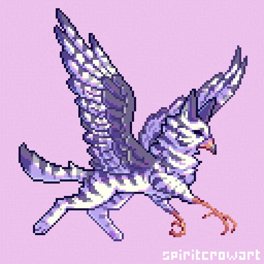 Pixel art of my gryphon named Modesty. He has mostly white fur and feathers accented with dark gray stripes. He has an orange beak and front claws