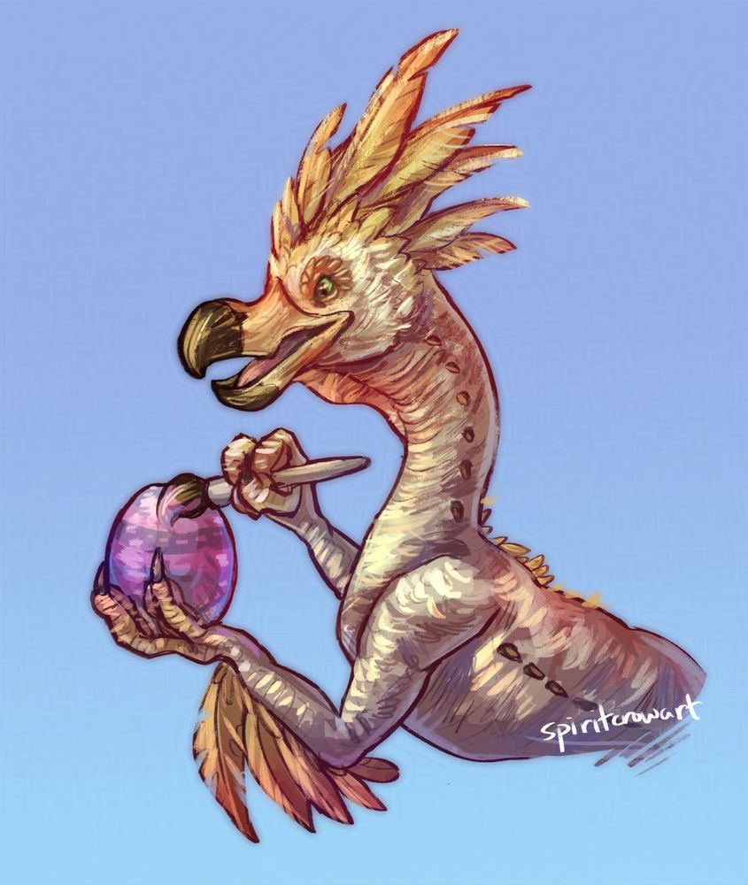 Digital painting of Kulu-Ya-Ku from Monster Hunter, a velociraptor with dodo bird features, and a plume of feathers on its head and claws. It holds a painted wyvern egg in its left claw and a paintbrush in its right claw, smiling as it paints its easter egg