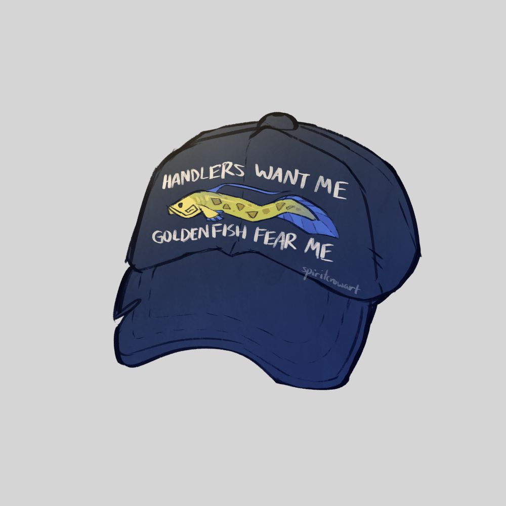 A blue baseball hat with the text "Handlers want me, Goldenfish fear me", with a doodle of a Goldenfish in the middle. It is a long golden fish with blue fins.