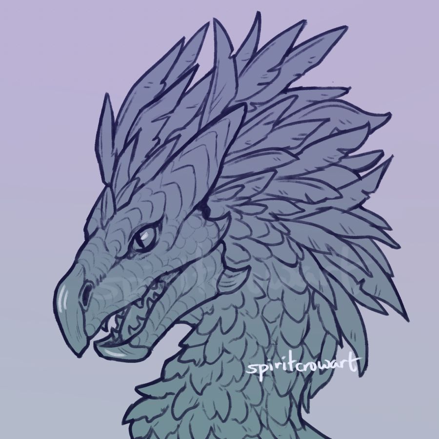 Lineart of a Seikret headshot, a velociraptor-like creature with horns, prominent feathers on its head, a beak, and large eyes.