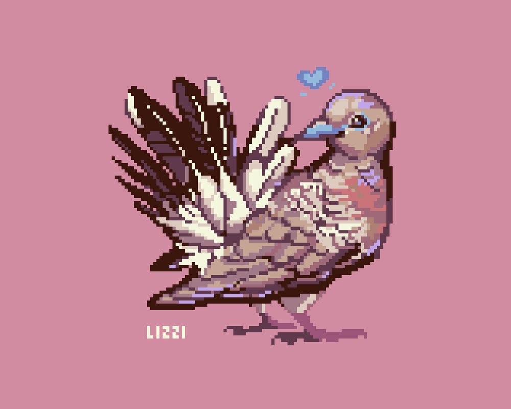 Pixel art of a zebra dove. It has mostly tan feathers, with zebra-like stripes, a blue beak, rusty orange on its chest, and black tail feathers. It is preening its tail feathers in a courtship display.