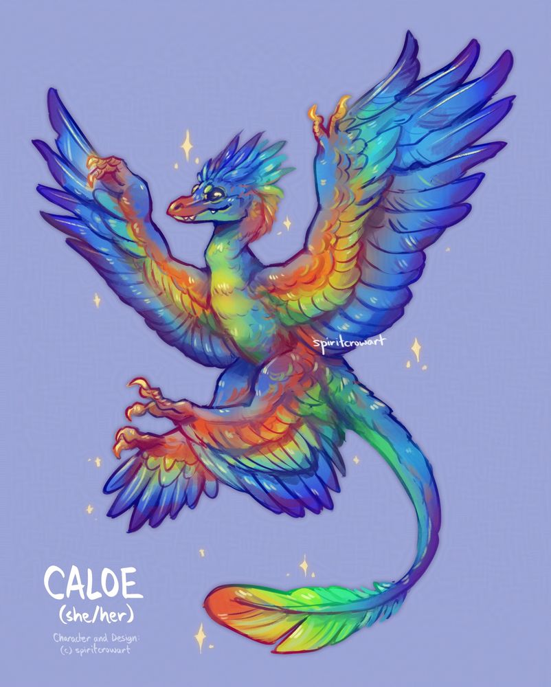 Fullbody drawing of Caloe, a microraptor based on the colorful Nicobar pigeon. She has mostly blue plumage, with rainbow feathers on her head crest, wings, and tail.