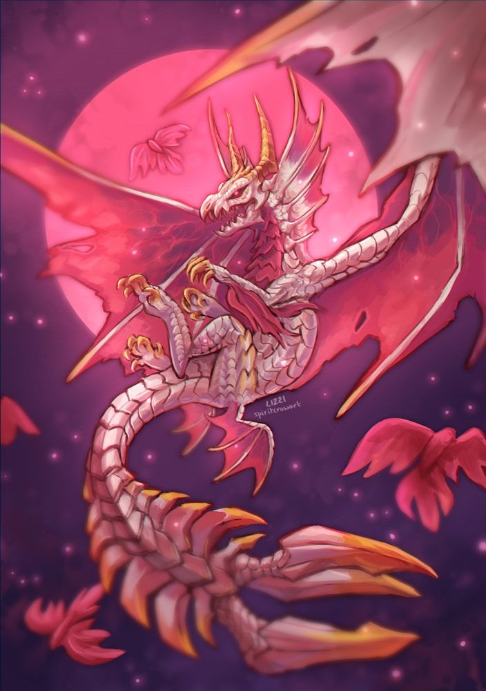 A digital painting of Malzeno from Monster Hunter. It is a vampiric dragon with white scales, golden horns and spikes, and crimson wings and fins. It is set in front of a large blood moon in a night sky, surrounded by glowing red wisps and crimson bat-like creatures.