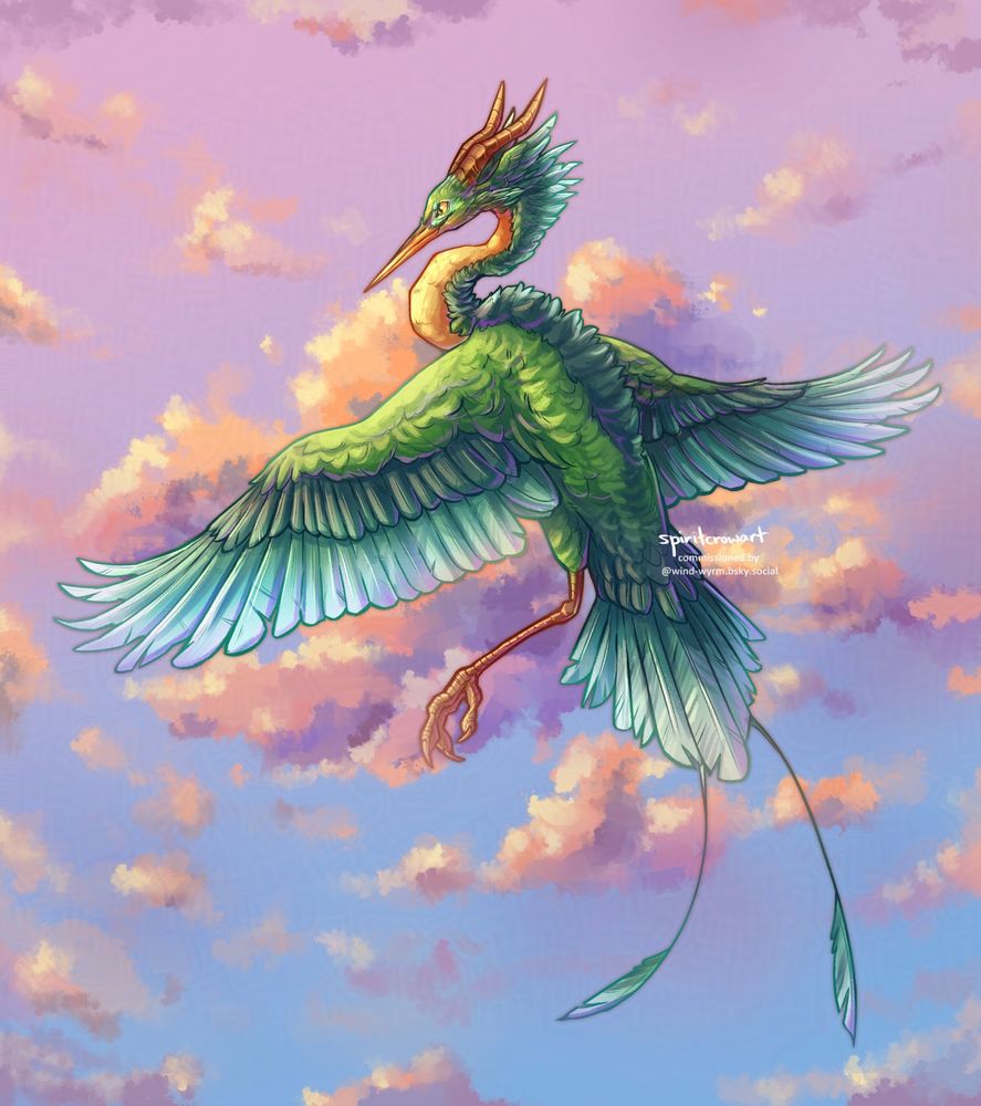 Digital painting of Andi the dragon, reimagined as a bird based off a heron. They have mostly green feathers, with yellow eyes, brown horns, and a yellow underbelly. They're flying among some orange clouds.