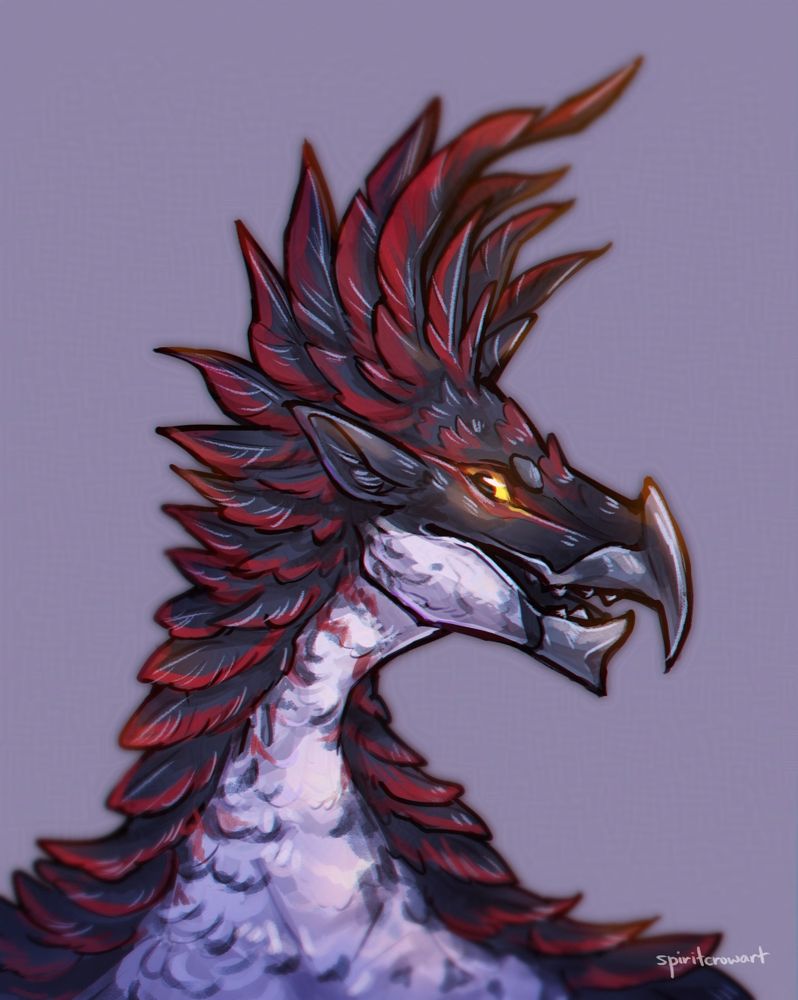 Headshot of Malchior, a bird-like dragon with mostly black feathers with red accents, a white underbelly, and yellow eyes.