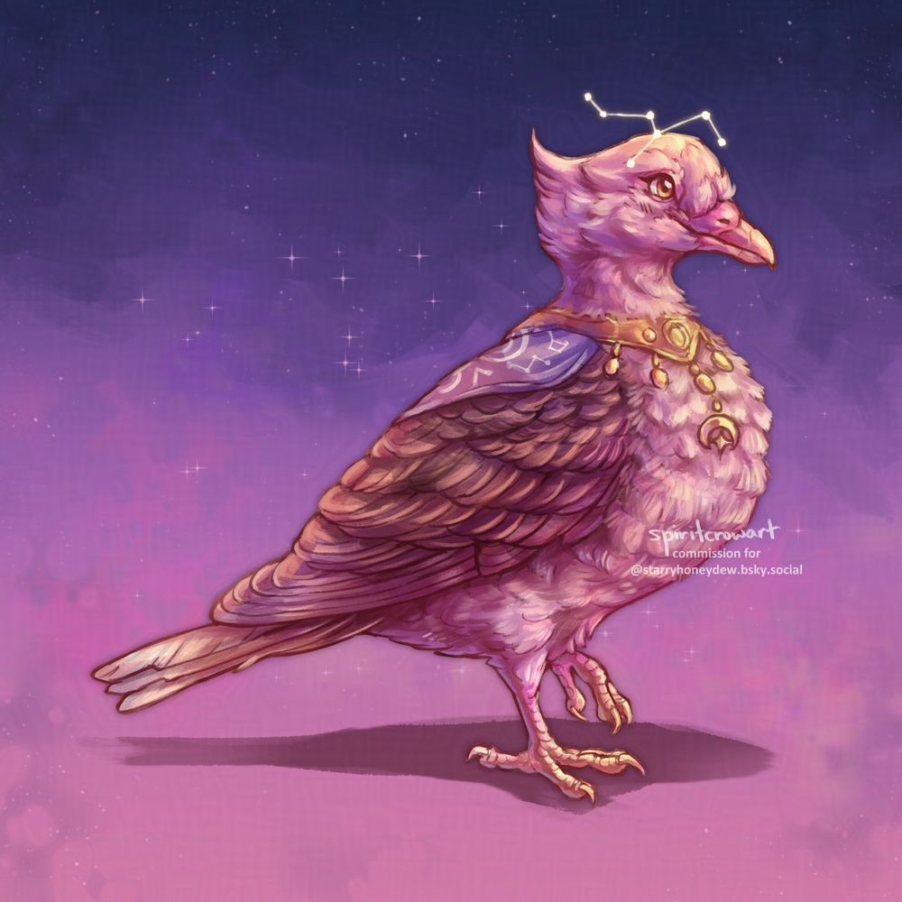 The character Lucian reimagined as a pink pigeon. He has mostly dusty pink feathers, with brown wings, a fluffy feather crest, and a golden necklace with a starry constellation sash. He has a small constellation crown featuring the Colomba constellation, which means "dove" in Latin.