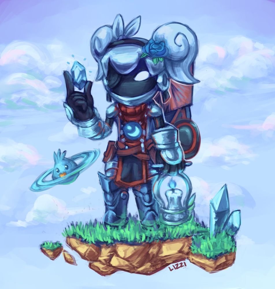 A spiral knight stands on a floating island with green grass and a blue crystal. The knight is wearing silver-blue armor with a red cloth, a backpack, and is holding a blue candle lamp in their left hand and a blue crystal in their right hand. A blue bird-like creature flies in the air next to them.