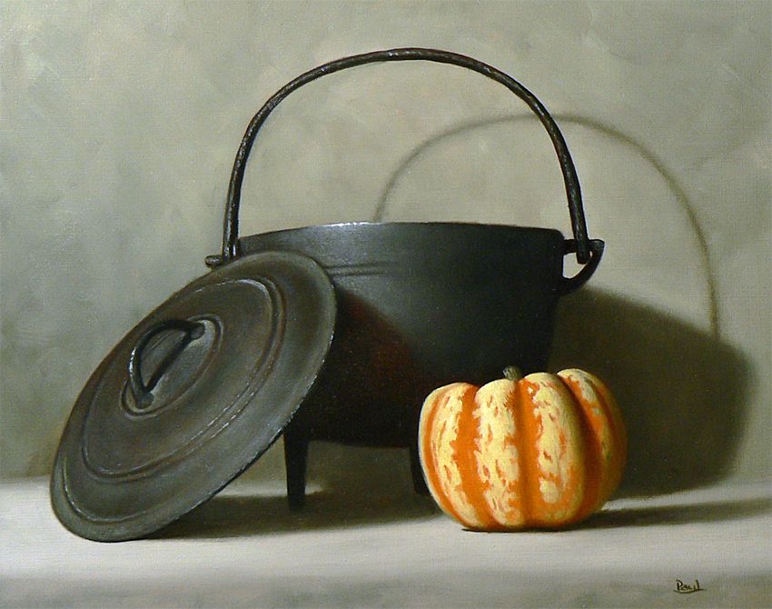 oil painting of an old cast iron cooking pot and a small pumpkin
