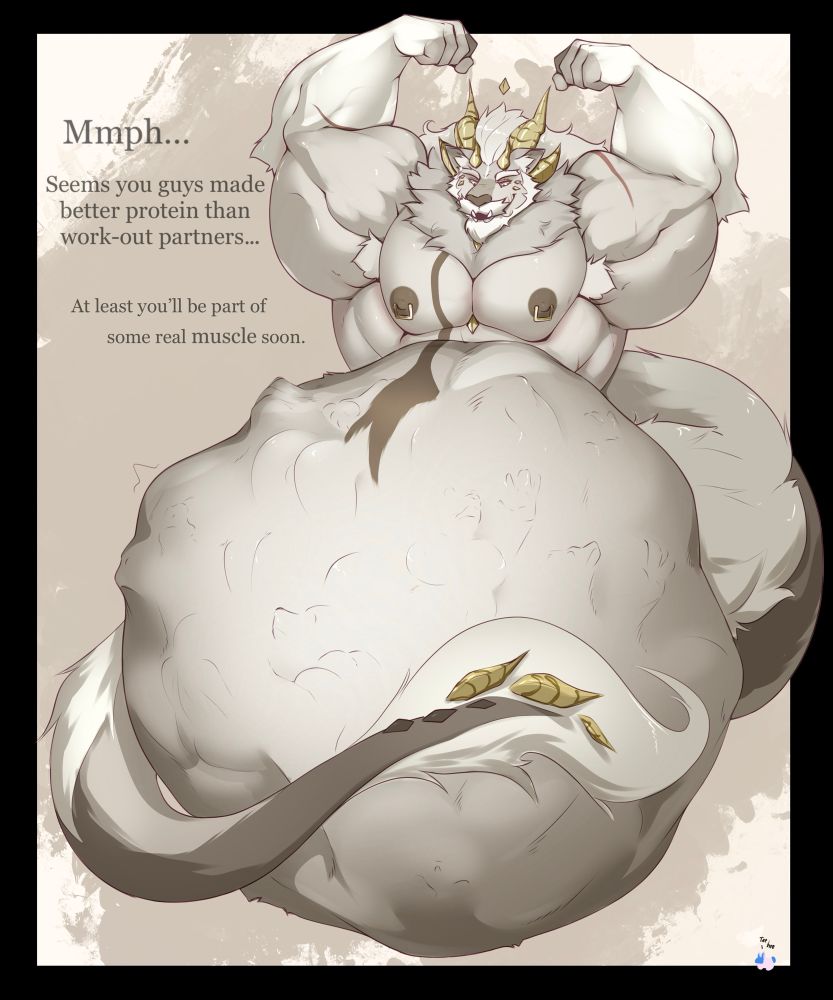 Draconic Adrius flexing, his tail curling around his gut as he has a dozen or more anthros stuffed away to help him meet his protein for the day