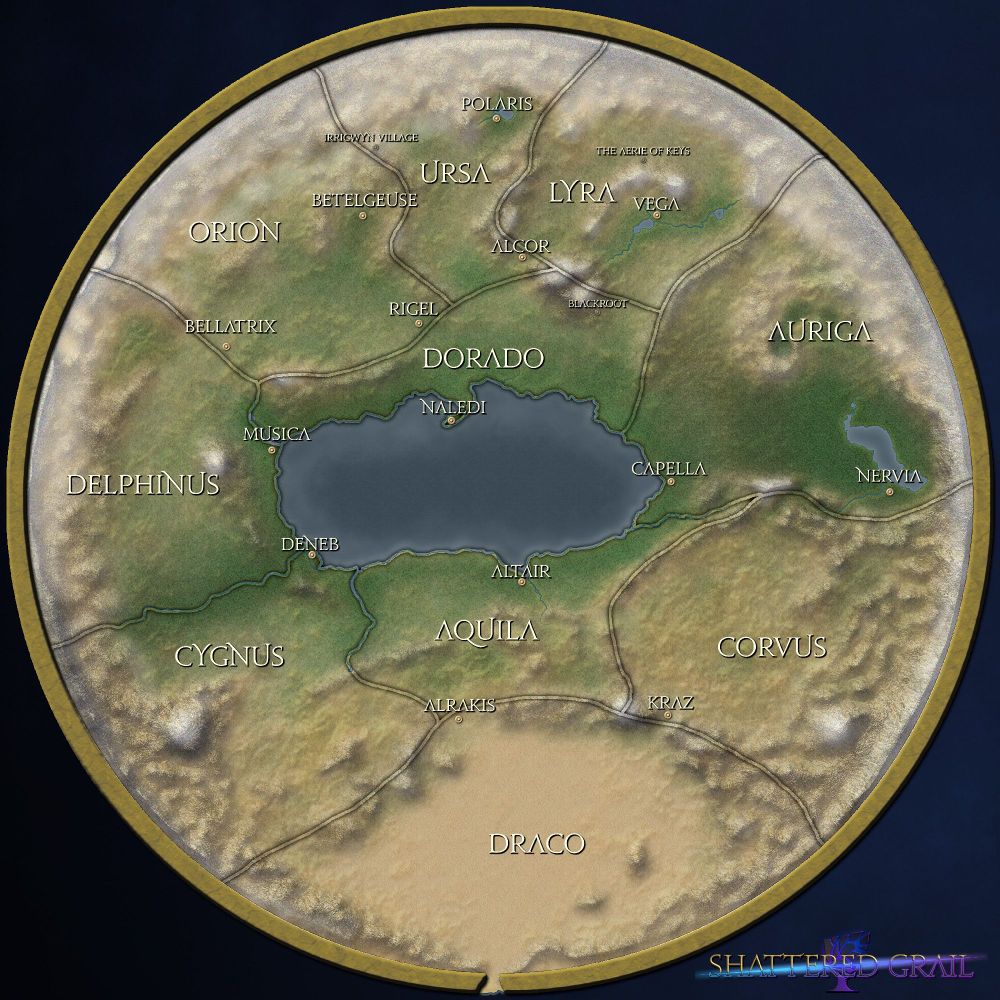 A map of the world of Shattered Grail, which appears to be a disc contained entirely within a golden rim.