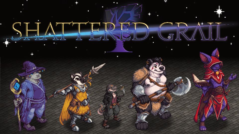 A lineup of the heroes of the Shattered Grail, rendered in pixel art.