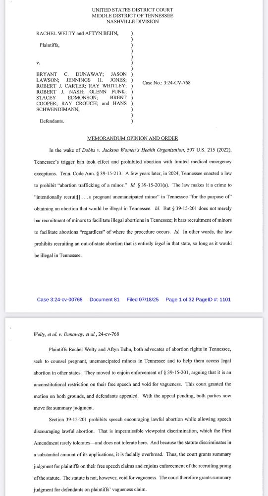 First page of District Court opinion enjoining Tennessee statute. 