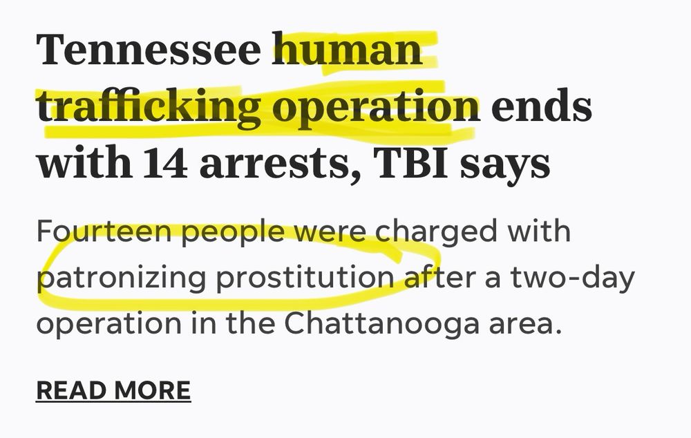 Story about “human trafficking operation” that results in “patronizing prostitution” (not human trafficking) charges. 