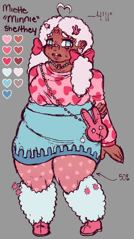 Miette, nicknamed Minnie, is the other main heart of her group, the Arcana Wonderleis. As a troubled and bashful college student, she traverses America (California) in my lore to learning about non-humans and find independence from her abusive mother with her sisters and friends. She is an african french human, girlflux, and panromantic. She is 19 years old, being born February 10th. <3