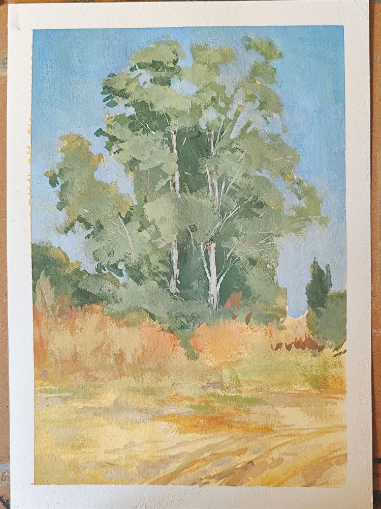 A gouache sketch of eucalyptus trees done with a large square brush.