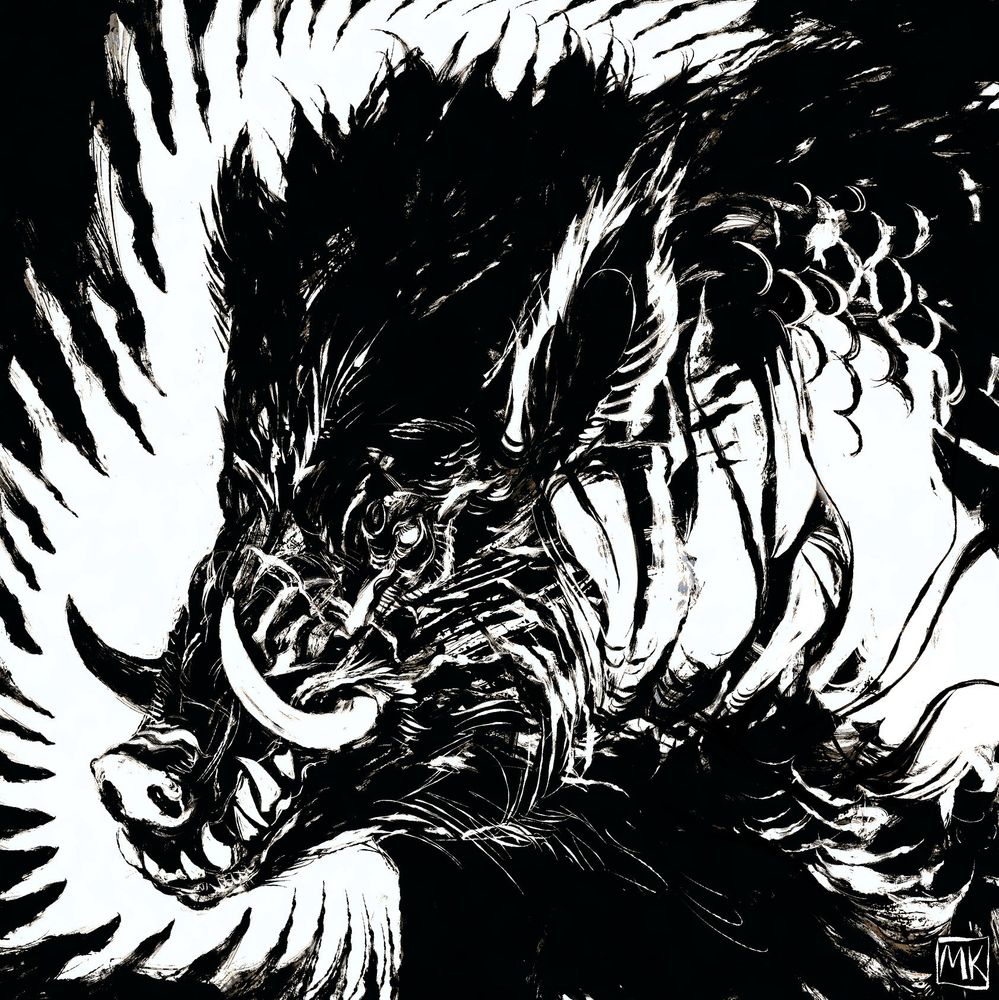 A drawing of a sneering demonic boar. The creature has the teeth of a carnivore and scales.