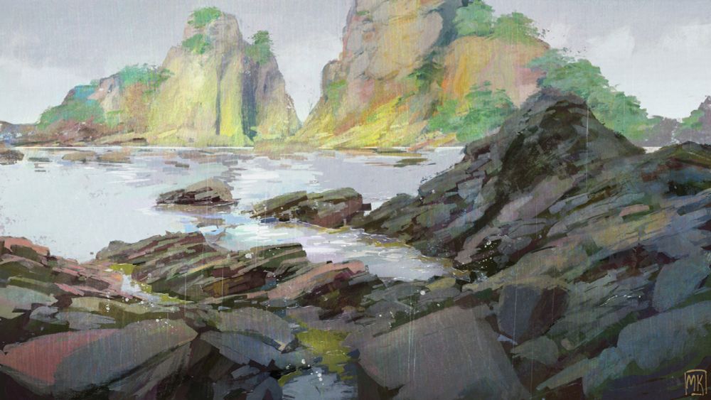 A drawing of a rocky coastline in the rain. The colors in the foreground are rather dull, but the backdrop is more vibrant, with splashes of yellow and green

You have no idea how annoying it is to realise you've messed up the perspective after spending four hours drawing this