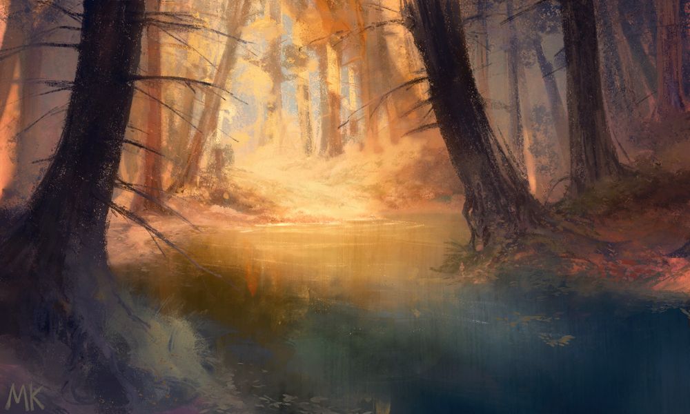 A drawing of a lake in a forest