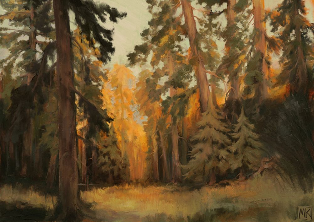 A painting of a pine forest at sunset.

The pale yellowish color of the sky is my favourite part, and it took me a while to get to this palette.
