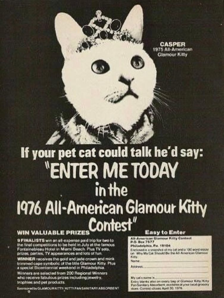 CASPER 1975 All-American Glamour Kitty

If your pet cat could talk he'd say: "ENTER ME TODAY in the 1976 All-American Glamour Kitty Contest"

WIN VALUABLE PRIZES

9 FINALISTS win an all-expense paid trip for two to the final competitions to be held in July at the famous Fontainebleau Hotel in Miami Beach Plus TV sets, prizes, parties, TV appearances and lots of fun.

WINNER receives the gold and jade crown and mink trimmed cape symbolic of the title Glamour Kitty. Plus a special Bicentennial weekend in Philadelphia

Winners are selected from 200 Regional Winners who receive fabulous prizes including jewelry, trophles and pet products

Soonsored by GLAMOUR KITTY KITTY PANSANITARY ABSORBENT

Easy to Enter

AB-American Glamour Kitty Contest

Р.О. Вак 7577

Phi, P. 19104

Enclosed in swamyatanda 100 word Y on Why My Cat Should be the All-American Olarke

Naina

My cal's name is

Entry blanks also on every Sag of Gumor Katyлу Pan Sanitary Absorbente at your gro

store Contest closes April 201976