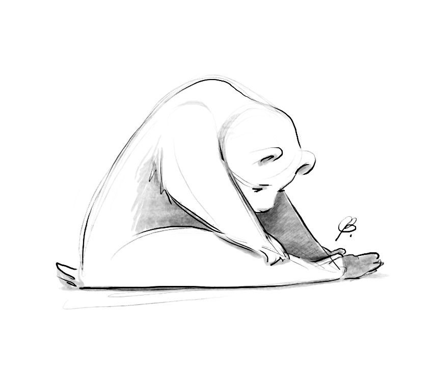 A digital black and white sketch of a bear sitting, looking at it's toes.