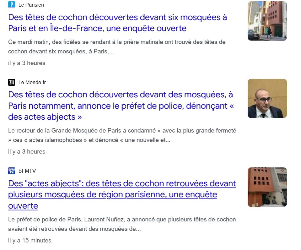 Titres du Parisien, du Monde et de BFMTV sur les têtes de cochon retrouvées devant six mosquées