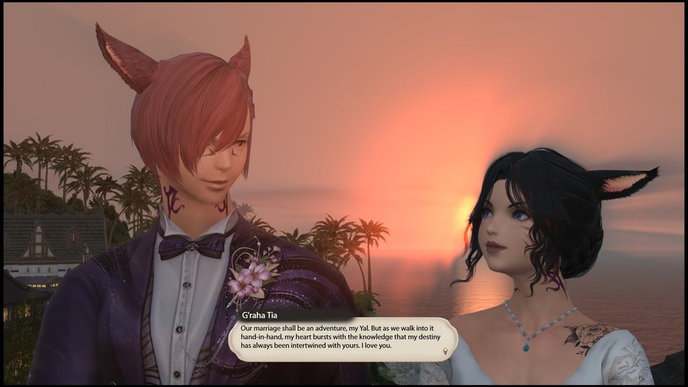 We skip forward in time a little as G'raha and K'yalwenn walk hand-in- hand, wearing wedding attire and with a beautiful sunset behind them. They can be seen from the chest up, both of them looking into the other's eyes as he smiles softly at her. She smiles back as he speaks. "Our marriage shall be an adventure, my Yal. But as we walk into it hand-in-hand, my heart bursts with the knowledge that my destiny has always been intertwined with yours. I love you." 