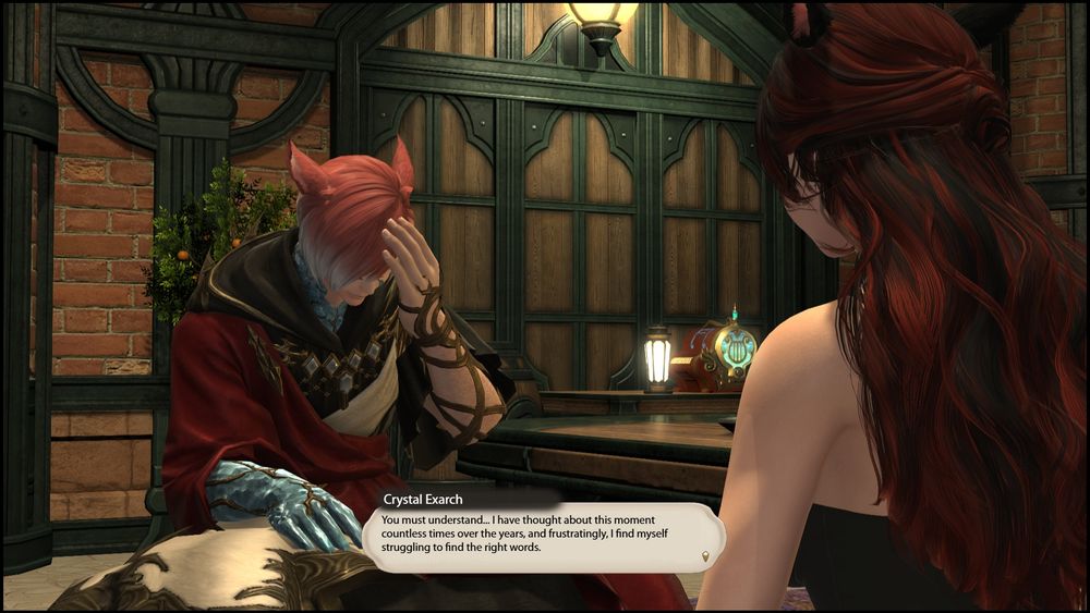 Both now seated at the table, the Exarch leans over, a hand to his forehead as he visibly struggles. His voice cracks a little as he speaks. "You must understand... I have thought about this moment countless times over the years, and frustratingly, I find myself struggling to find the right words." 