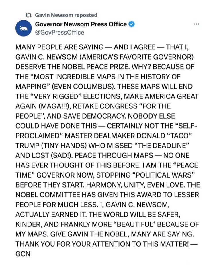 Satirical Newsom press release nominating himself for Nobel Prize in Trump-speak