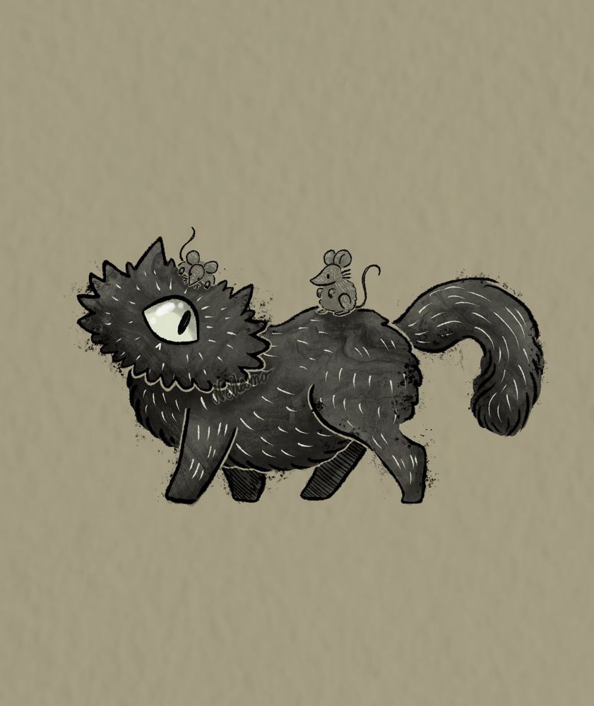 Nellamo’s illustration of Para, a kind of witches familiar. This para is black, fluffy and it has only one big eye and it resembles a cat. The para has two mice on its back