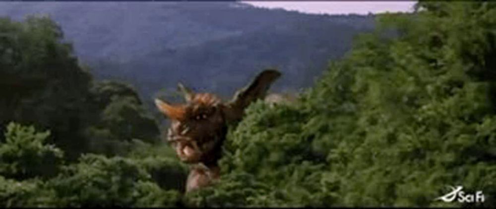 a gremlin is standing in the middle of a forest with trees in the background .