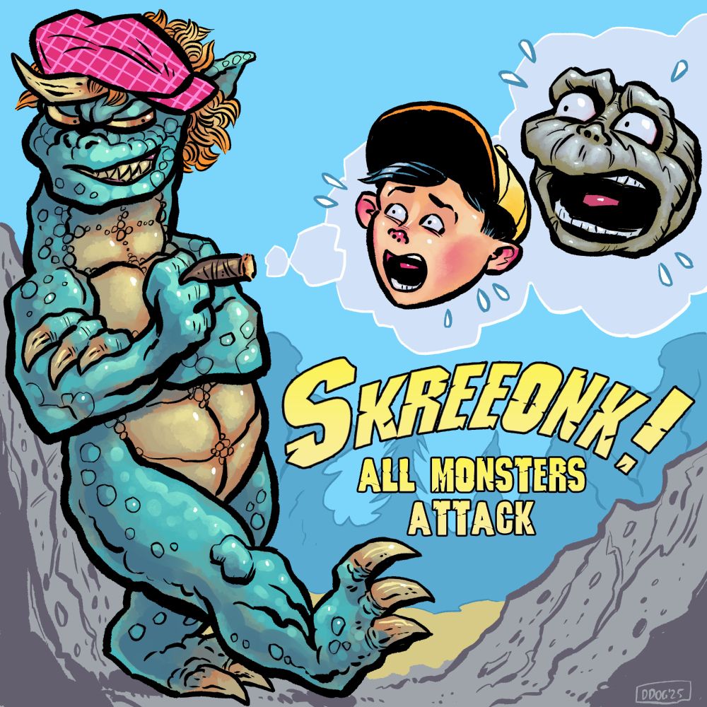 Cover Art by: Dave Davenport (@dogspunk)

Skreeonk! A Godzilla Movie Marathon
All Monsters Attack

Image of Gabara in a flat cap smoking a sigar and being a punk to Ichiro and Minilla/Minya

#Godzilla #Minya #Minilla #Skreeonk