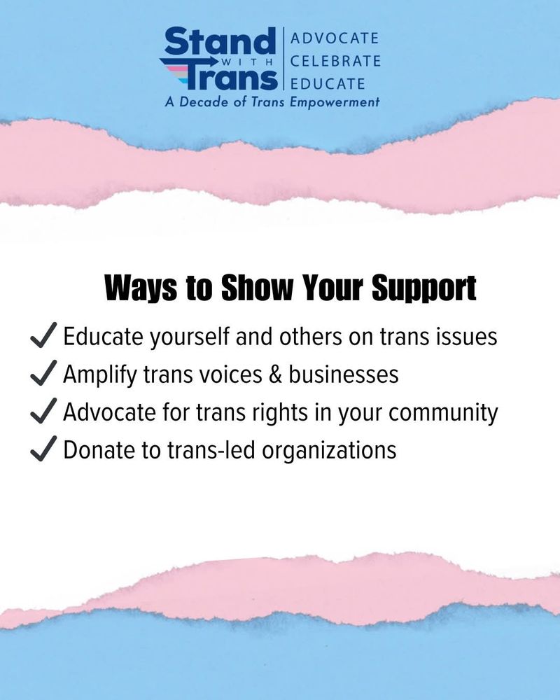Ways to Show Your Support

-Educate yourself and others on trans issues
-Amplify trans voices & businesses
-Advocate for trans rights in your community
-Donate to trans-led organizations
