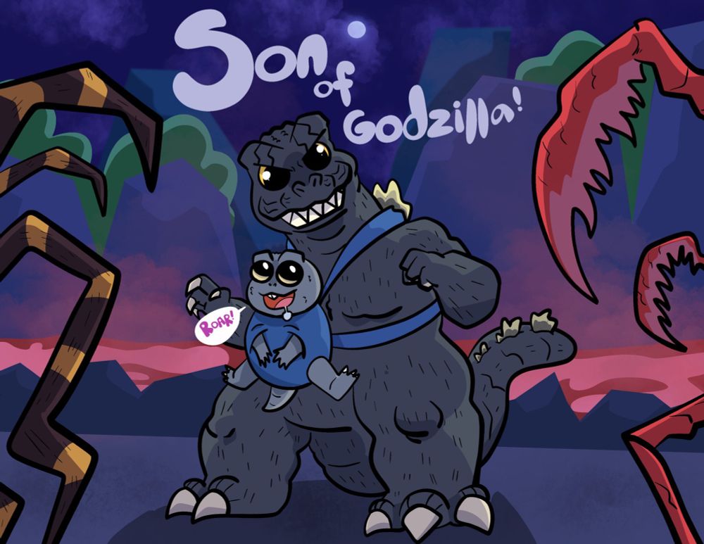 Son of Godzilla image for SKREEONK podcast by UltraMellowArt! Godzilla has Minya/Minilla in a baby carrier to protect him from Kumonga and Kamacuras!