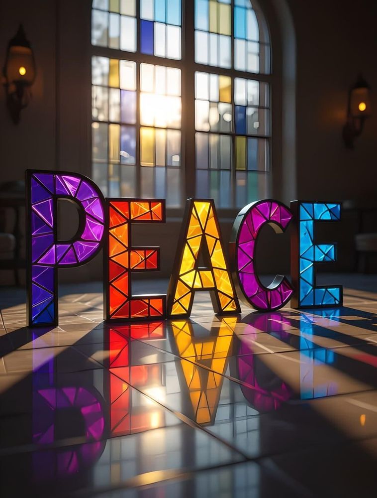 Colorful Stained glass word "Peace" on a shiny floor backlit by beams of sunlight