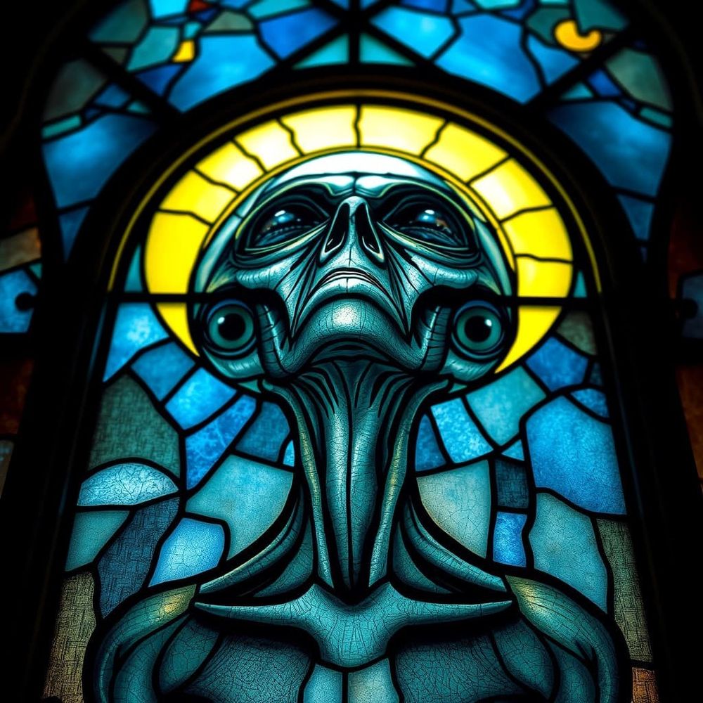 AI Art image of stained glass portrait of an alien looking up toward the heavens, large almond eyes, face framed in a glowing halo of yellow glass