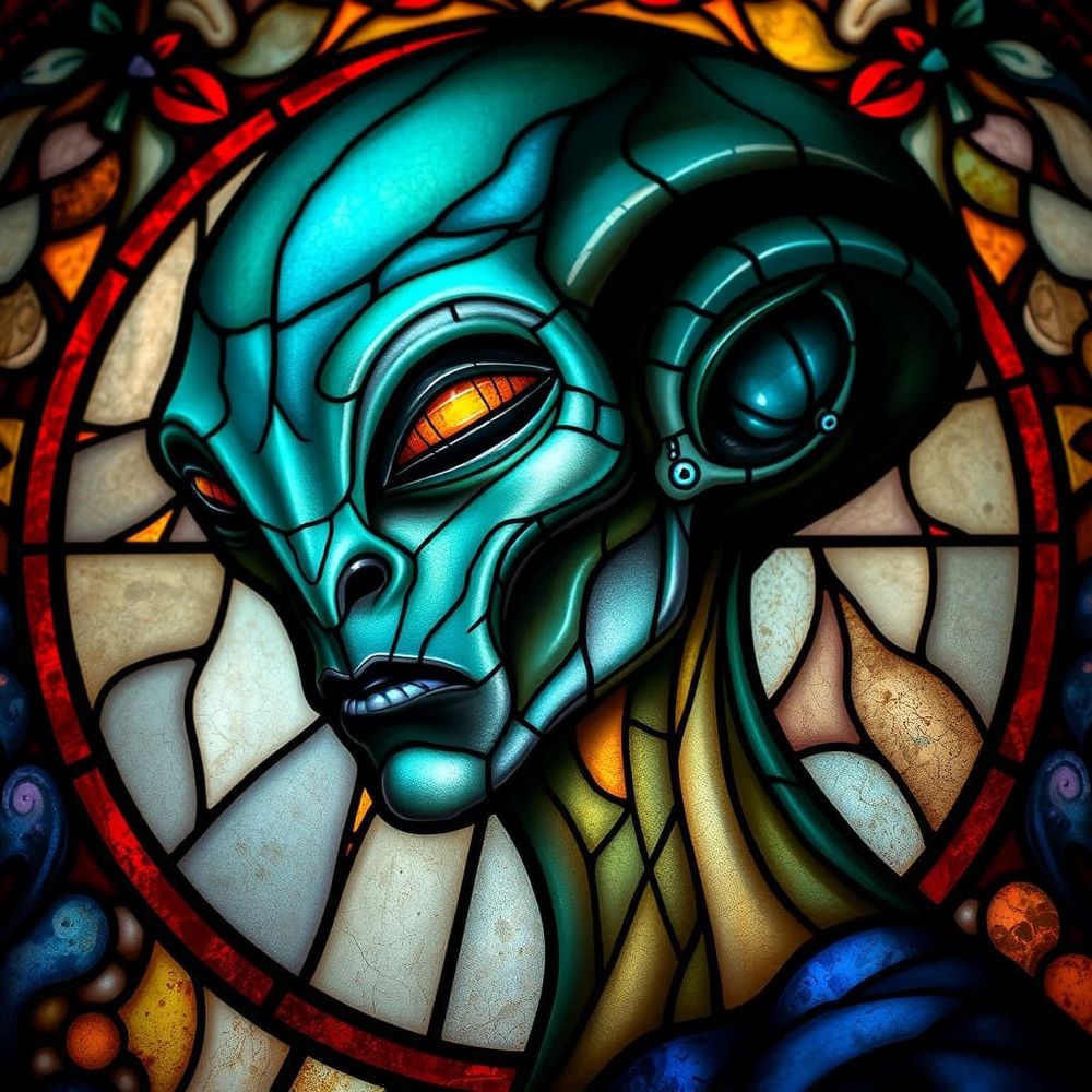 AI Art image of stained glass portrait of an alien, large almond eyes, red circle of glass framing its face