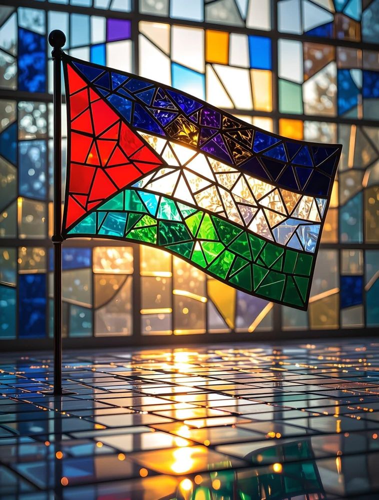 Colorful Stained Palestinian flag on a shiny floor backlit by beams of sunlight