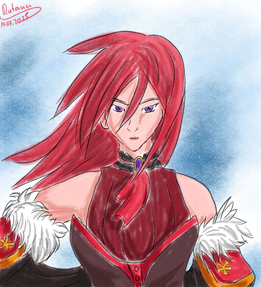 A drawing of the character Eria Moore.
She has red long hair blowing in the wind. She looks up with fierce purple eyes. She has a black frilled choker with a purple gem and red cravat over a sleeveless red wool shirt. She wears a dark bustier and black sleeves that end in white fur and a red-golden decoration. The sleeves are connected to a cape.