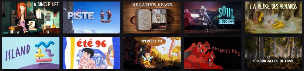 10 wide rectangular title cards, for animated shorts - in a 5x2 grid. 
