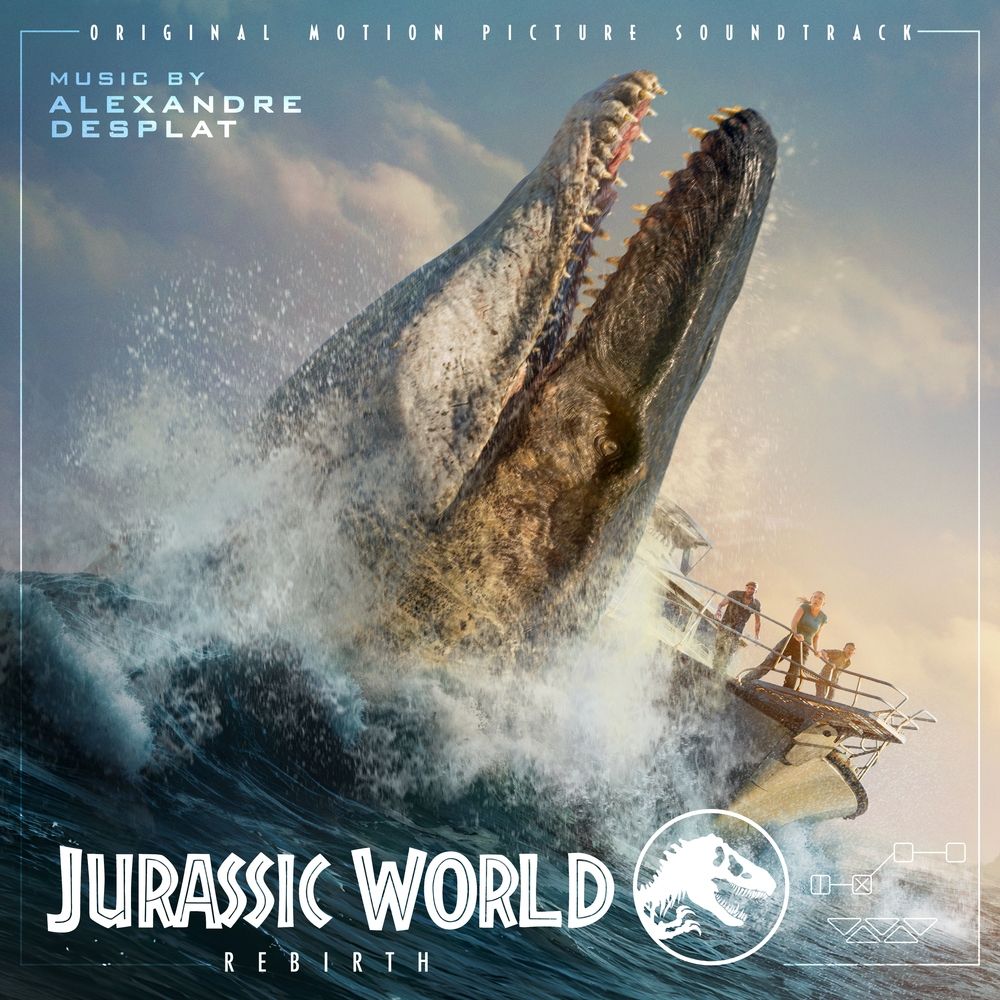 The cover artwork for Jurassic World Rebirth's soundtrack - a image of a large Mosasaurus launching out of the ocean alongside a boat with 3 humans stood on it. Text reads: Jurassic World Rebirth, Original Motion Picture Soundtrack, Music by Alexandre Desplat.