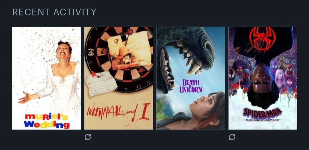 Recent Activity on Letterboxd: Muriel's Wedding, Withnail and I, Death of a Unicorn, Spider-Man: Across The Spiderverse. 