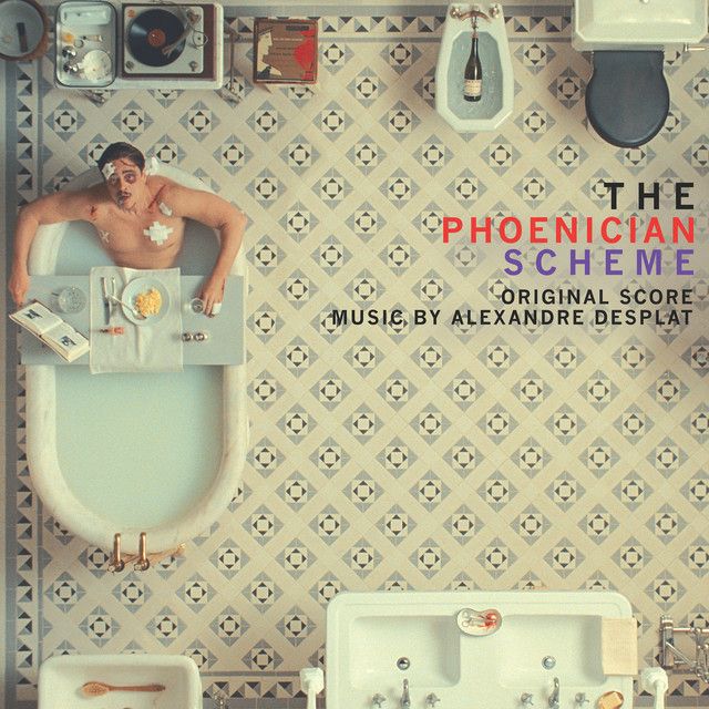 The cover artwork for The Phoenician Scheme's score - an overhead photograph of Benicio del Toro's character looking at up, while sat in a bath. Text reads: The Phoenician Scheme, Original Score, Music by Alexandre Desplat.